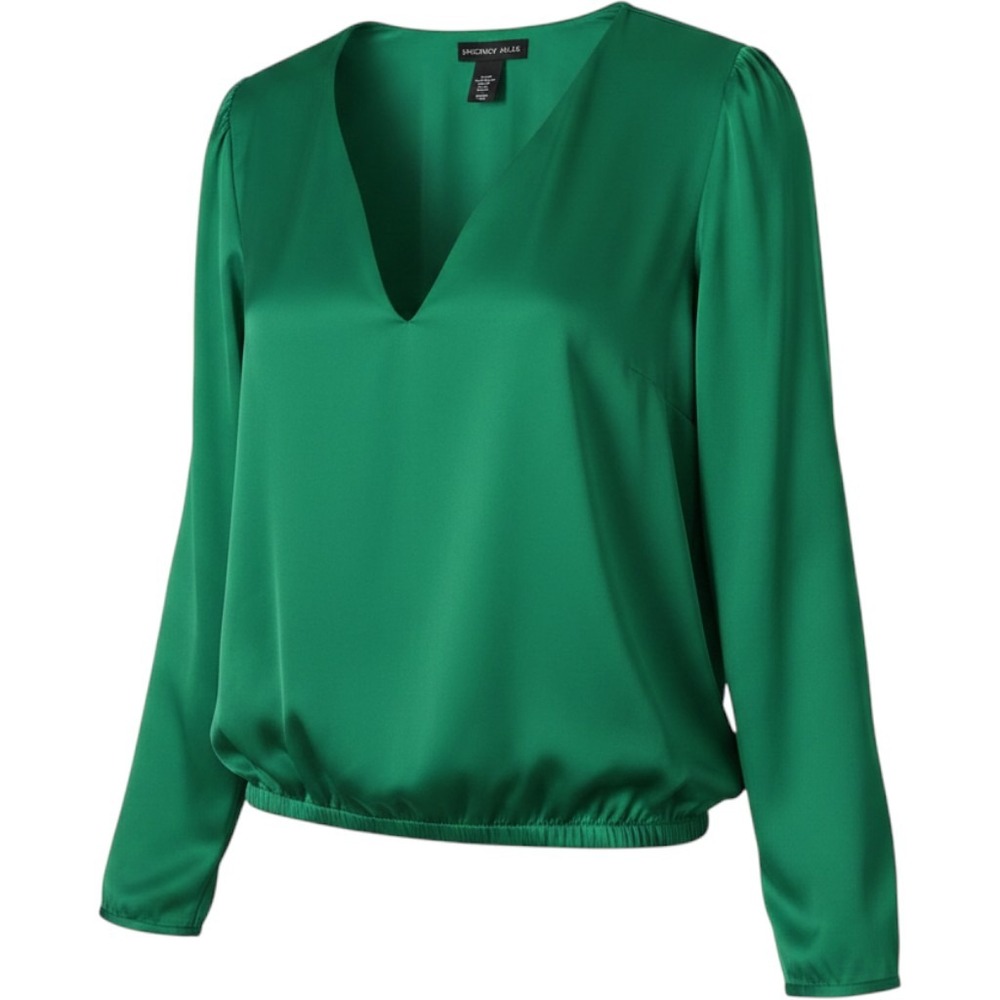 Sincerely Jules Emerald Green Satin V-Neck Blouse XL Long Sleeve Blouson Top